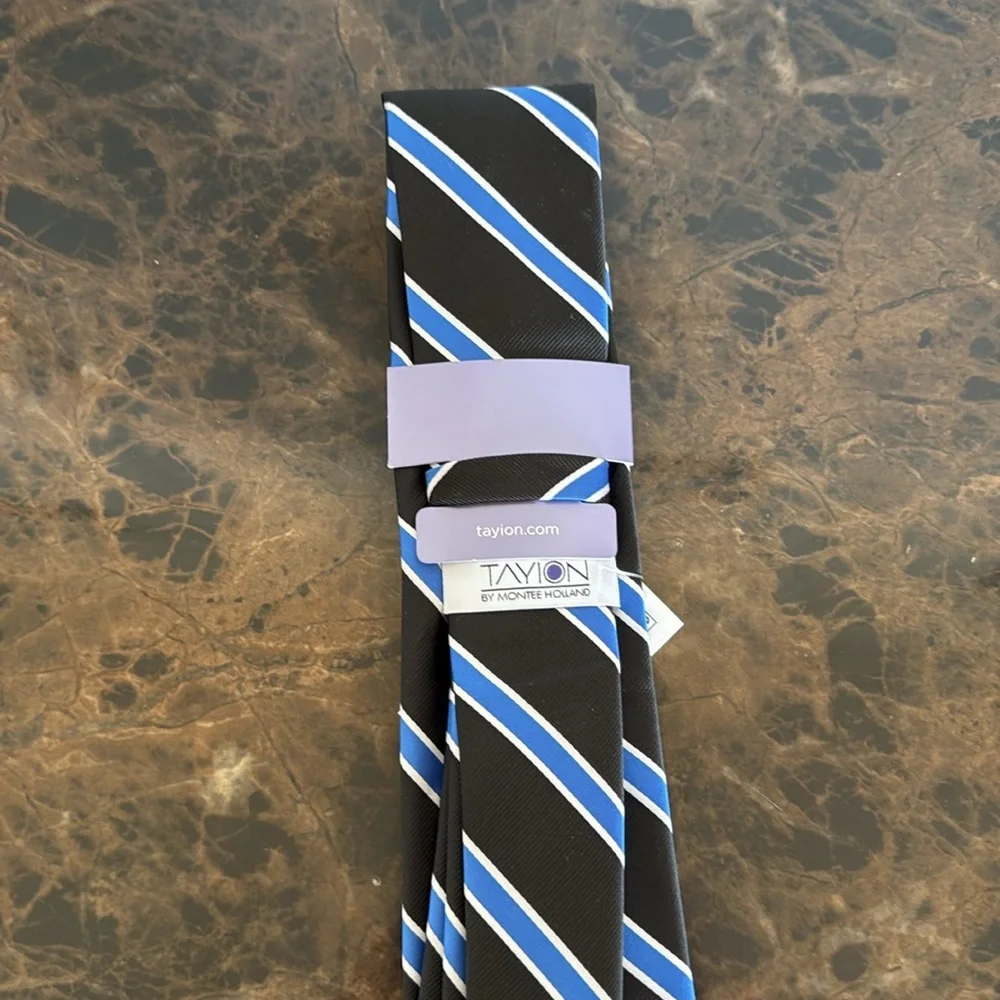New! Tayion Black and Blue Striped Men's Tie